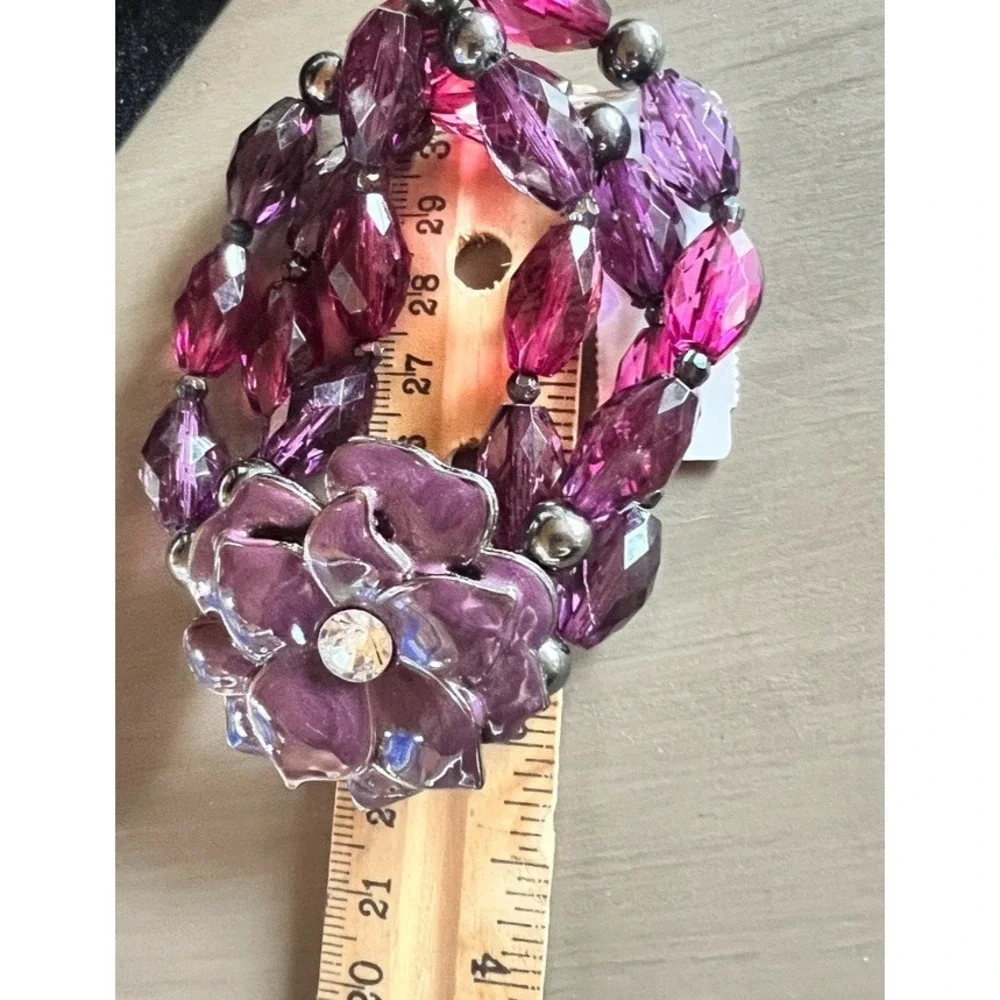 New York‎ & Company Purple Flower Stretch Bracelet Beaded Floral Statement Y2K